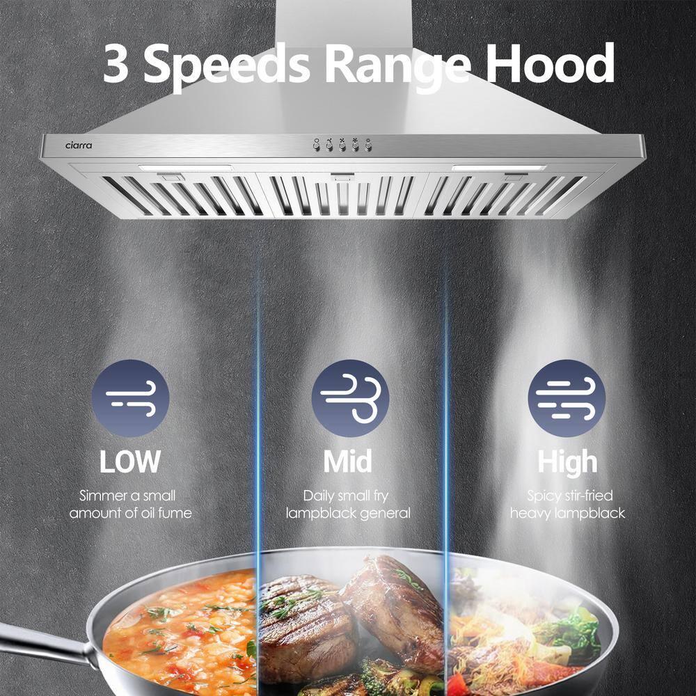 CIARRA Range Hood 30 inch Wall Mount Chimney Hood Range 450 CFM Ducted and Ductless Kitchen Hood Vent in Stainless Steel, CAS75302