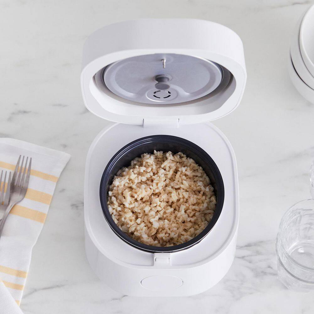 Compact White Electric Rice and Grains Cooker with Ceramic Nonstick Bowl