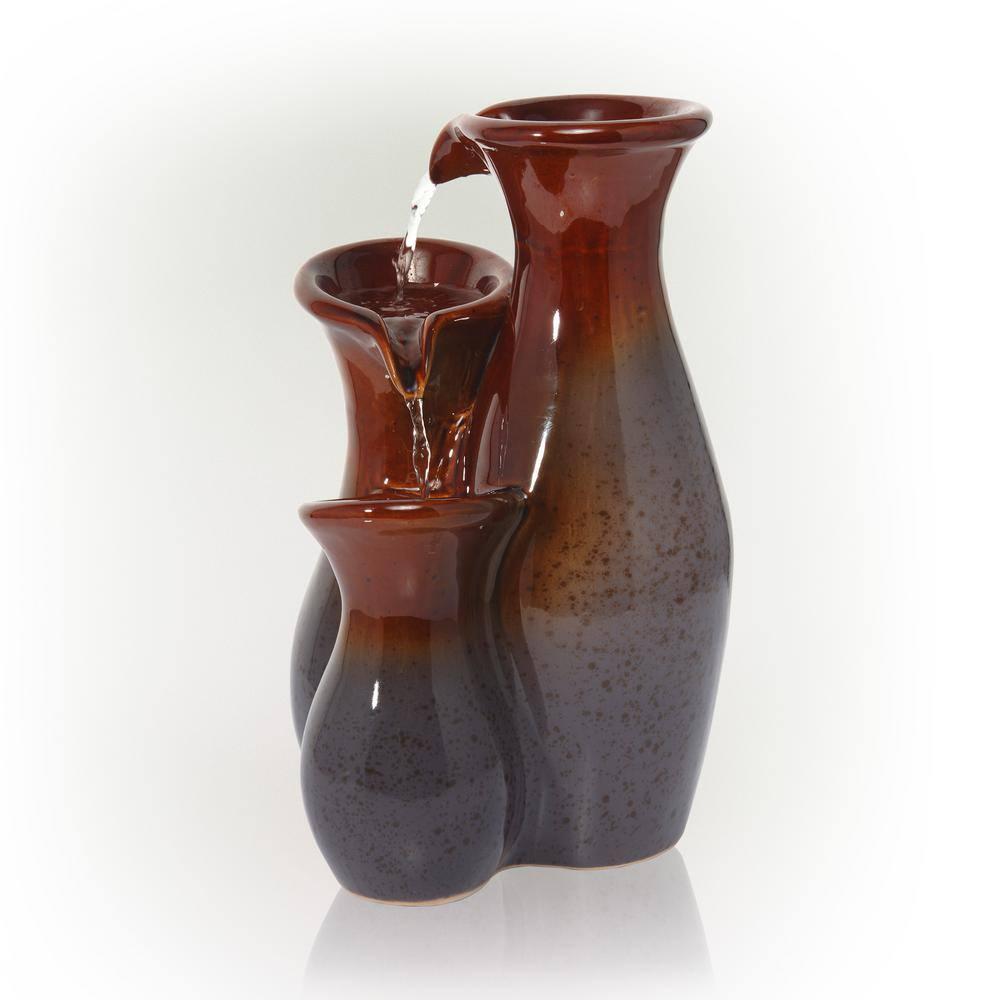 Alpine Corporation 11"H Indoor Tiered Glossy Ceramic Vase Tabletop Fountain, Brown/Gray