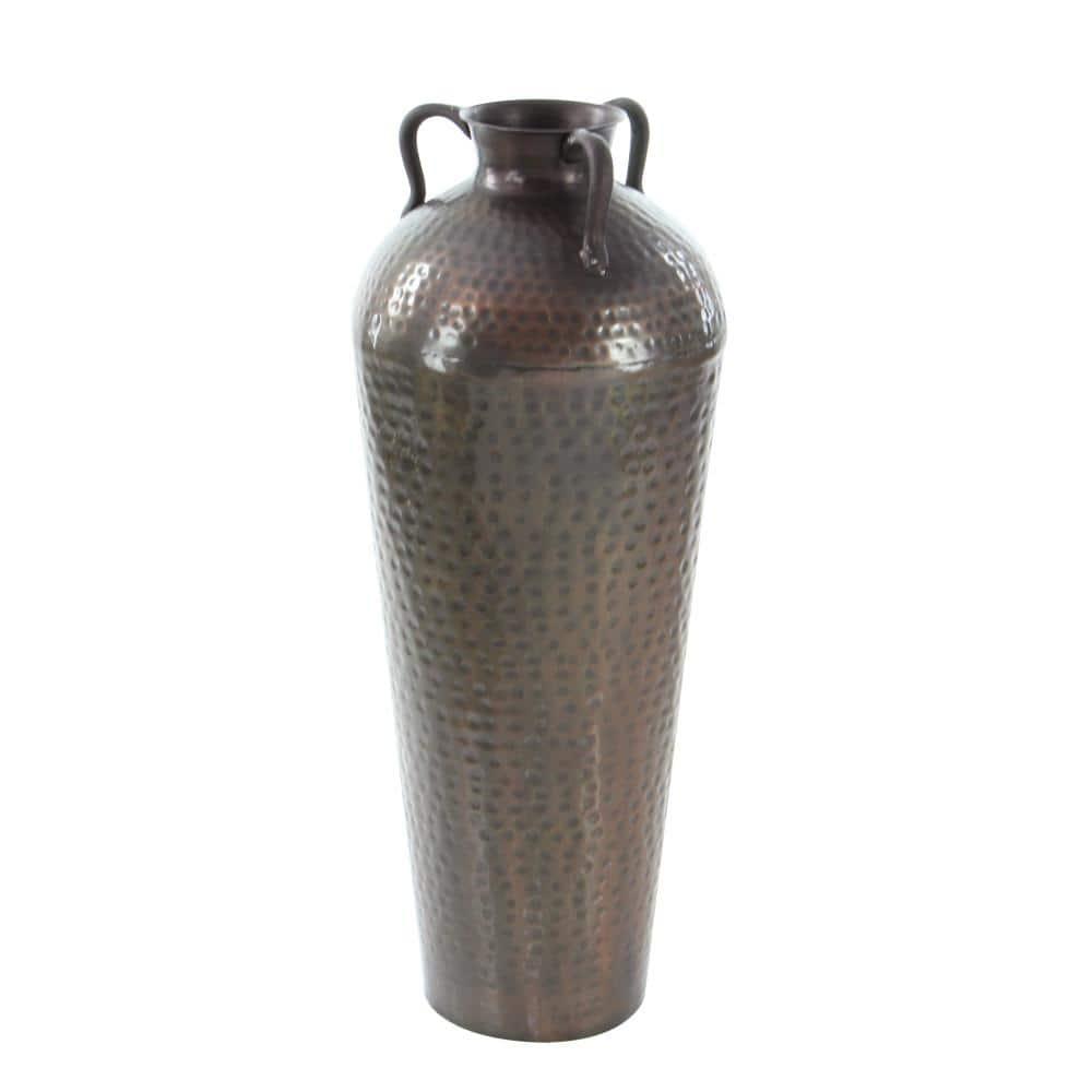 DecMode 32" Tall Floor Mediterranean Style Brown Metal Vase with Hammered Details and Handles