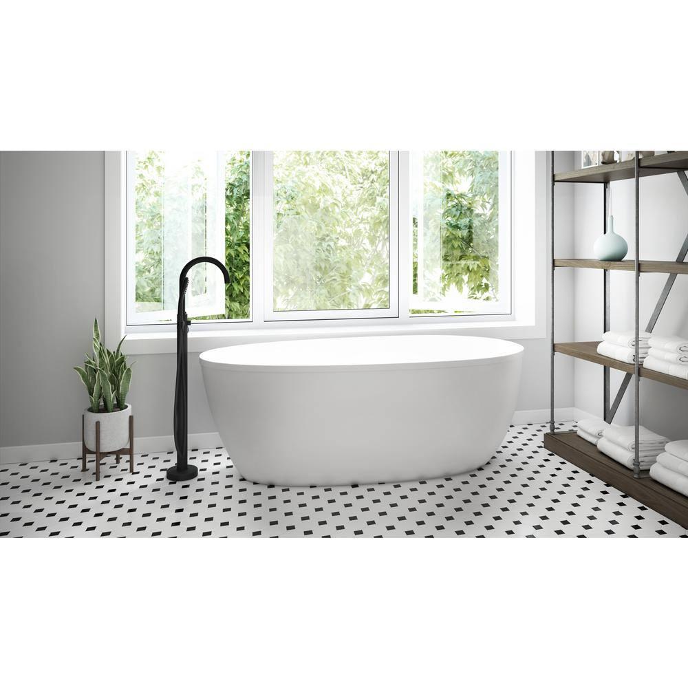 STRETTO 6732 Acrylic Freestanding Soaking Bath Univ End Drain White/White With NW50827 Round Tub Filler Chrome