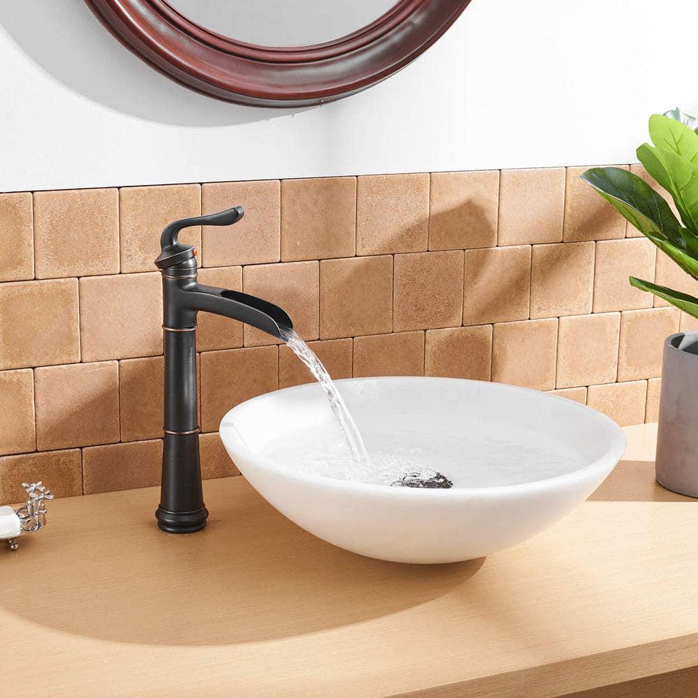 Vessel Sink Faucet Oil Rubbed Bronze Bathroom Faucet Waterfall Farmhouse Single Hole Single Handle for Sink Lavatory Faucets with Pop Up Drain Without Overflow Supply Line