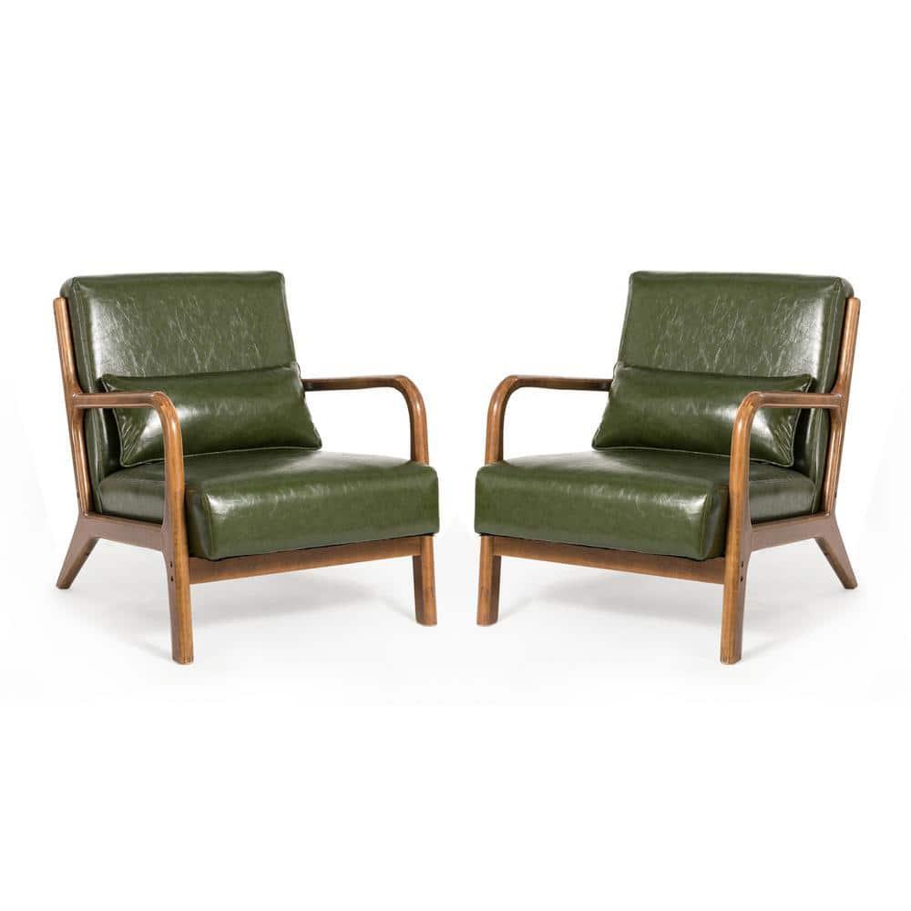 Glitzhome 2 Set Mid Century Hunter Green Accent Armchair, Single Reading Armchair PU Leather Lounge Chair with Walnut Ruberwood Frame