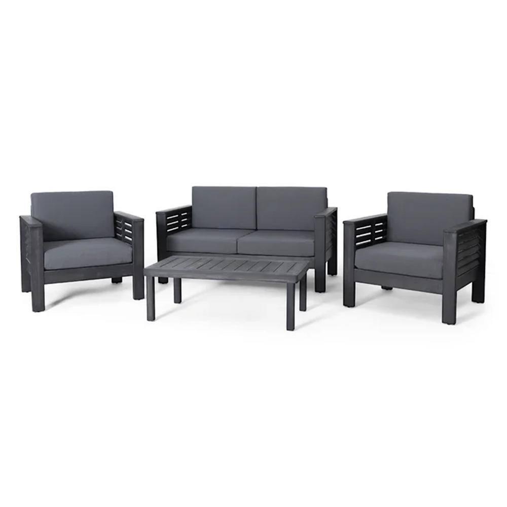 Christopher Knight Home Rabun Outdoor Acacia Wood 4 Seater Chat Set with Cushions, Dark Gray