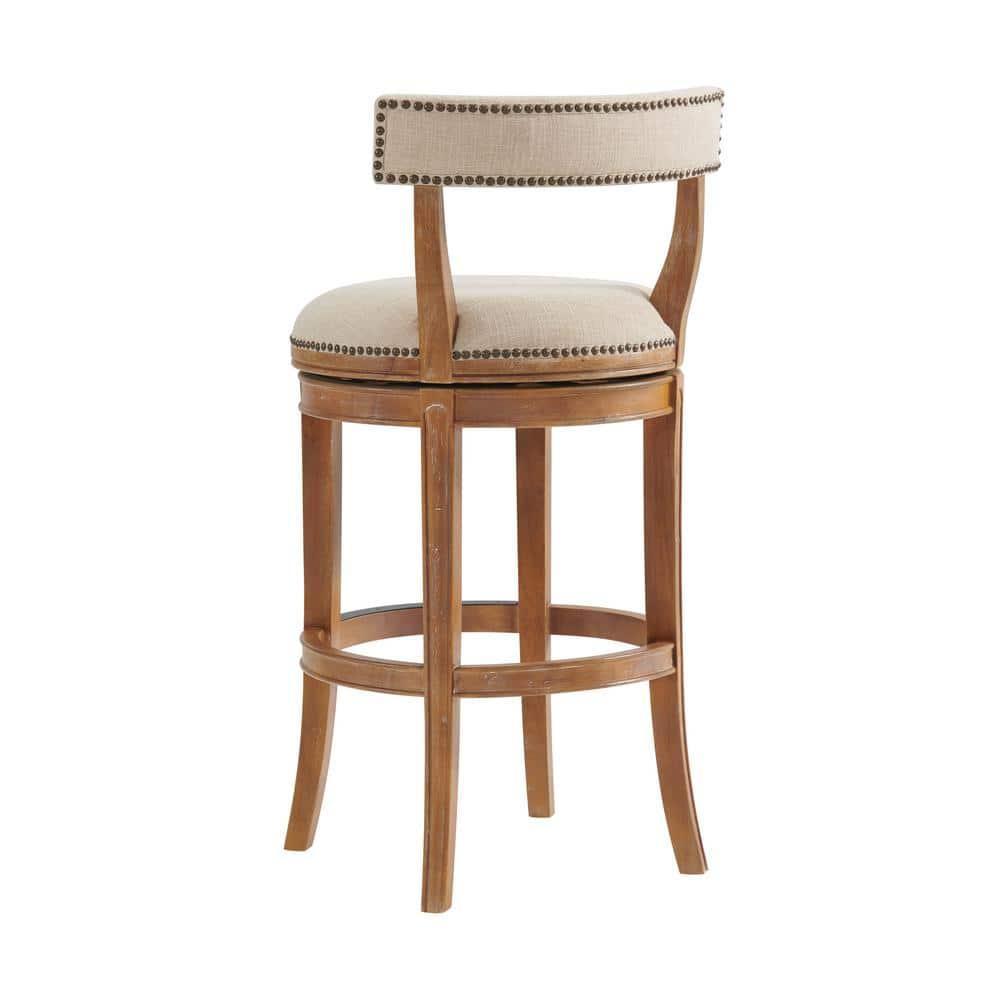 Alaterre Hanover Swivel Bar Height Stool, Weathered Brown and Beige, Solid Rubberwood Frame with Faux Linen Upholstered Seat, Nailhead Trim, Memory Return Swivel, 20 in. W x 22 in. D x 41 in. H