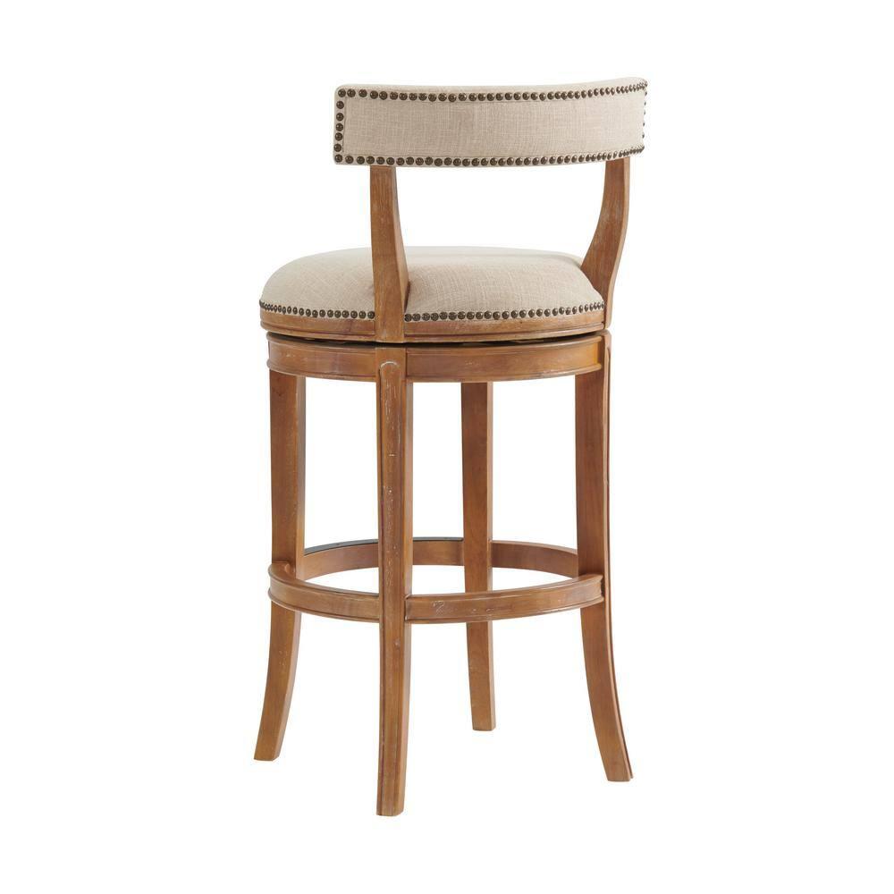 Alaterre Hanover Swivel Bar Height Stool, Weathered Brown and Beige, Solid Rubberwood Frame with Faux Linen Upholstered Seat, Nailhead Trim, Memory Return Swivel, 20 in. W x 22 in. D x 41 in. H