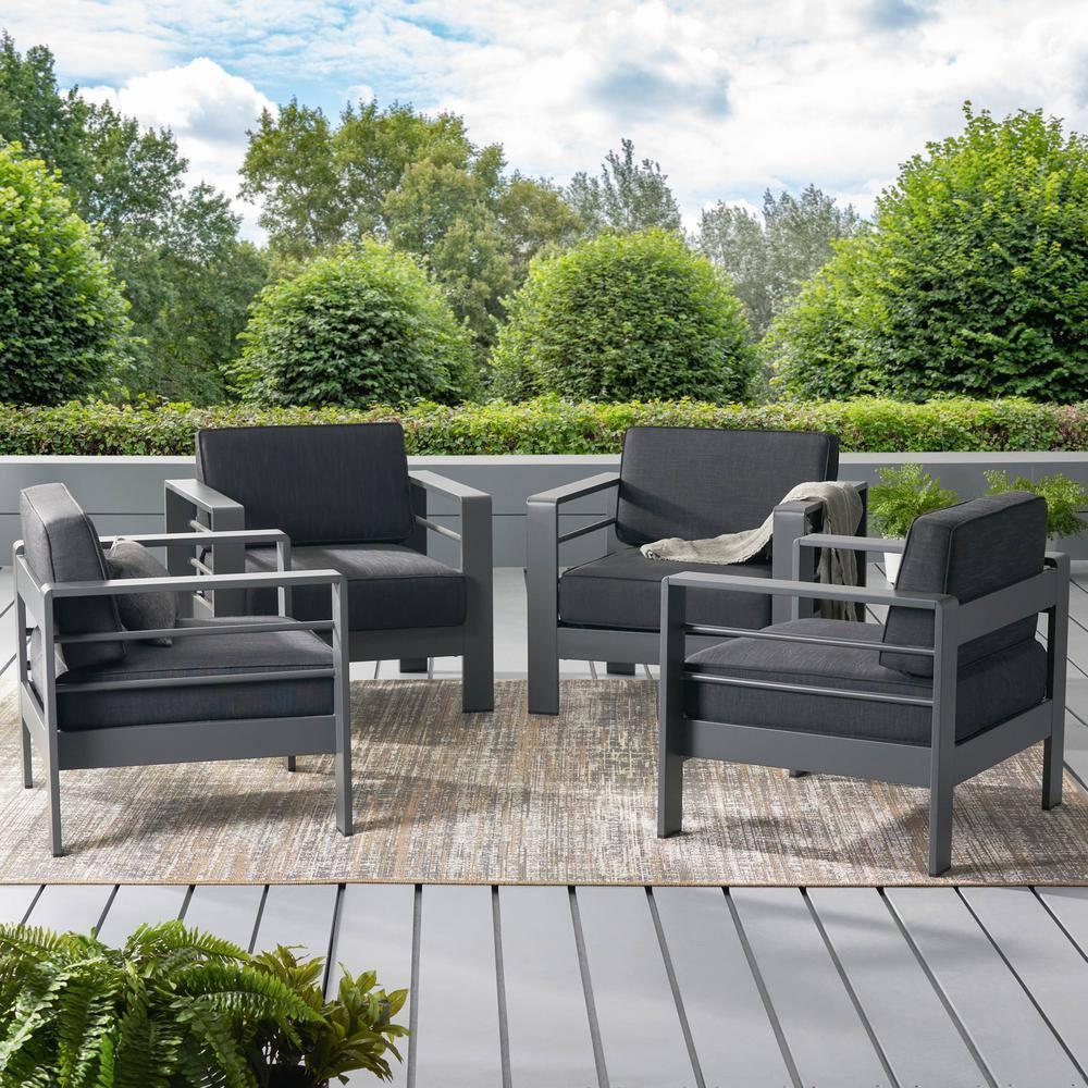 GDF Studio Crested Bay Outdoor Aluminum Club Chairs with Cushions, Set of 4, Gray and Dark Gray