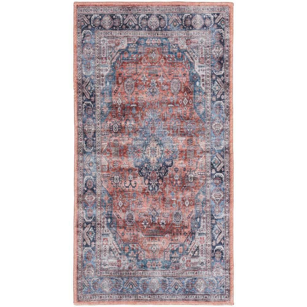 Nourison Washable Brilliance 2' x 4' Blue/Multi Vintage Indoor Bathroom, Kitchen Mat Rug