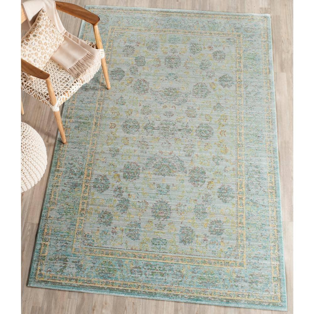 SAFAVIEH Valencia Cionadogh Floral Bordered Polyester Area Rug, Light Blue/Turquoise, 4' x 6'