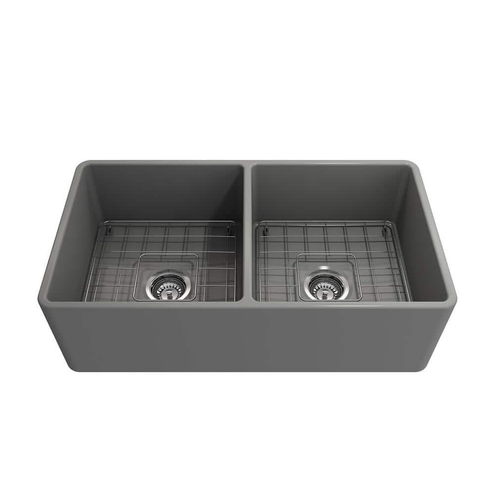 Matte Gray Fireclay Double Bowl Farmhouse Kitchen Sink