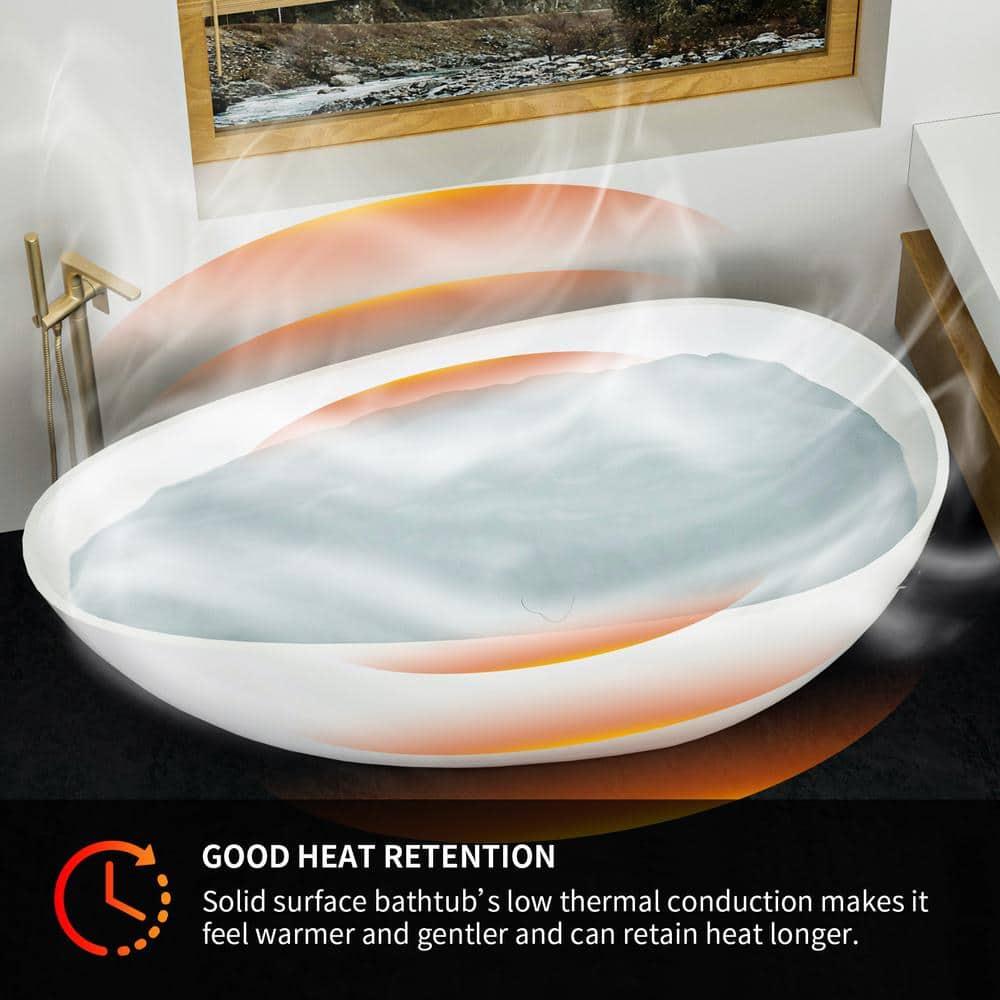 59" x 31" Freestanding Soaking Solid Surface Bathtub Stone Resin Bath Tub with Overflow and Pop-up Drain, Glossy/Matte White