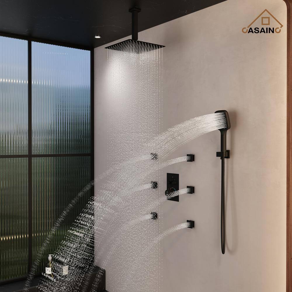 Revitalize 3-Function 12 Inch Ceiling Mount Rainfall Thermostatic Shower System with 6 Body Jets
