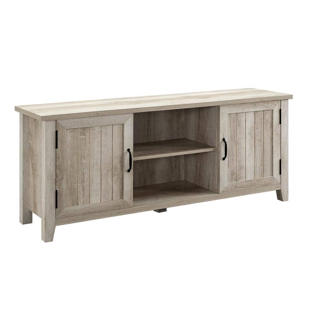 Transitional Grooved-Door 58" White Oak TV Stand with Cabinet