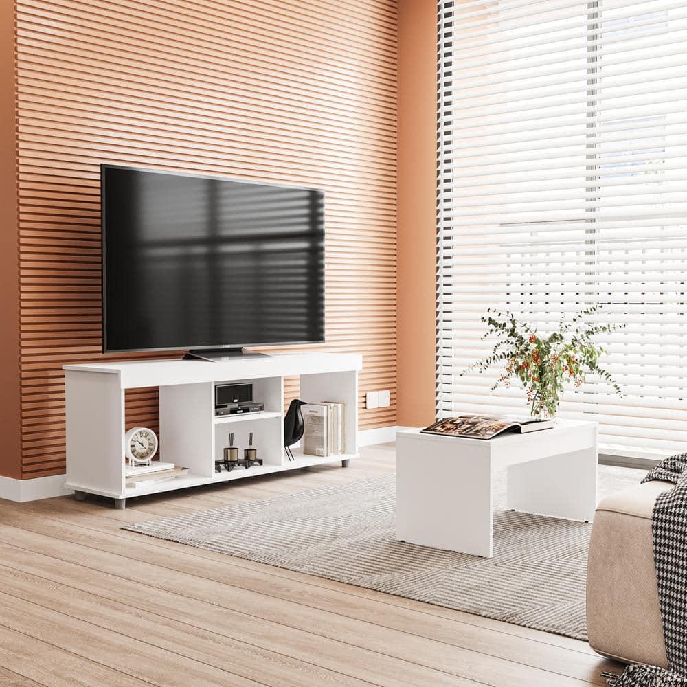 Polifurniture 2pc Living Room Set with TV Stand and Coffee Table White: Modern MDF Furniture Ensemble