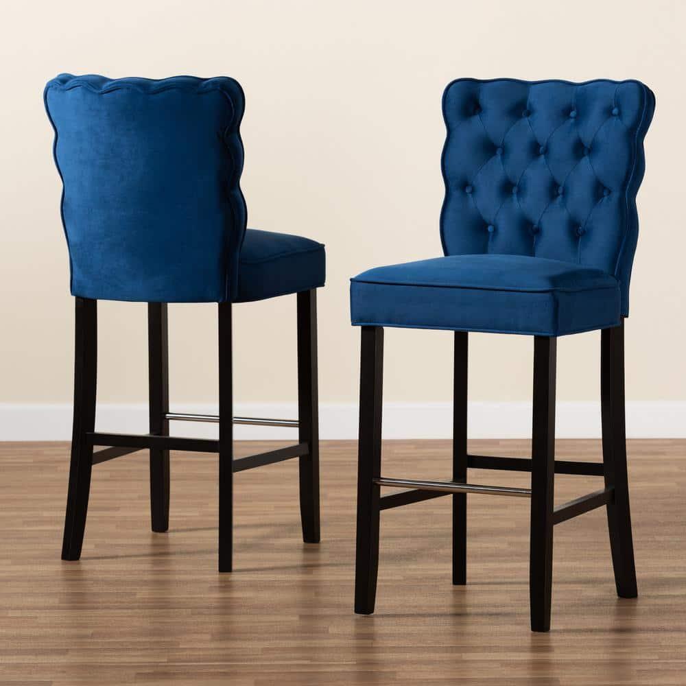 2pc Daphne Velvet Fabric Upholstered and Wood Counter Height Barstool Set Blue/Brown - Baxton Studio: Elegant Polyester Seating