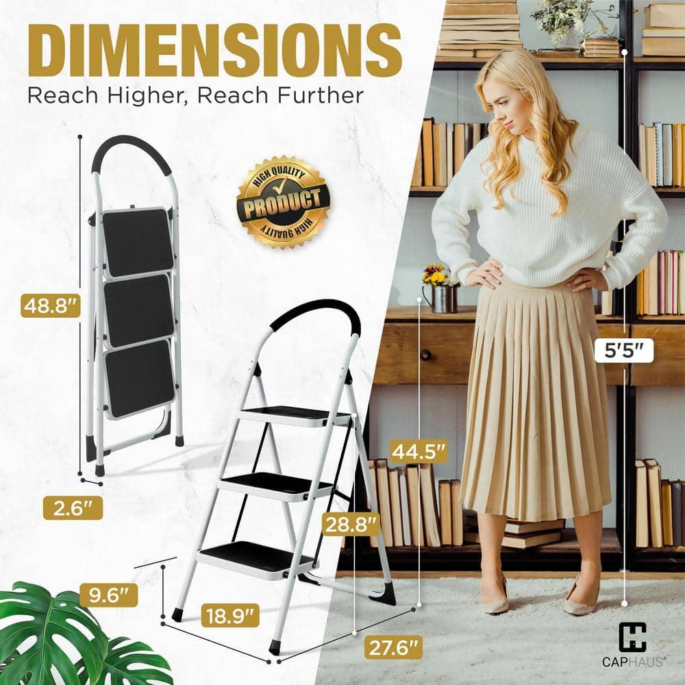 CAPHAUS 3-Step Ladder, Portable Folding Step Stool with Extra Wide Anti-Slip Pedal, Heavy Duty Foldable Small Step Ladder with Hand Grip, ANSI A14.11 Certified Sturdy Step Stool, White