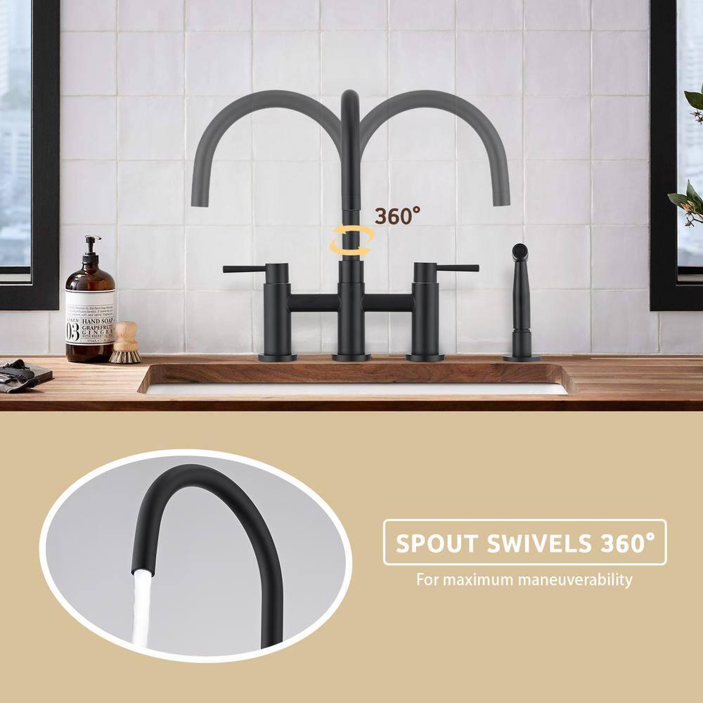 Double Handle Bridge Kitchen Faucet with Side Sprayer in Matte Black
