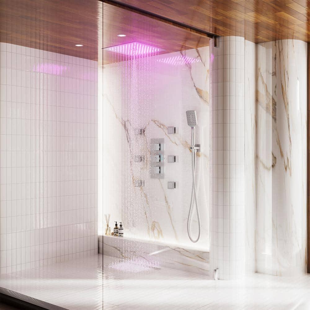 12" Flush Mounted Luxury Thermostatic Rainfall Shower System with LED and 6 Body Jets