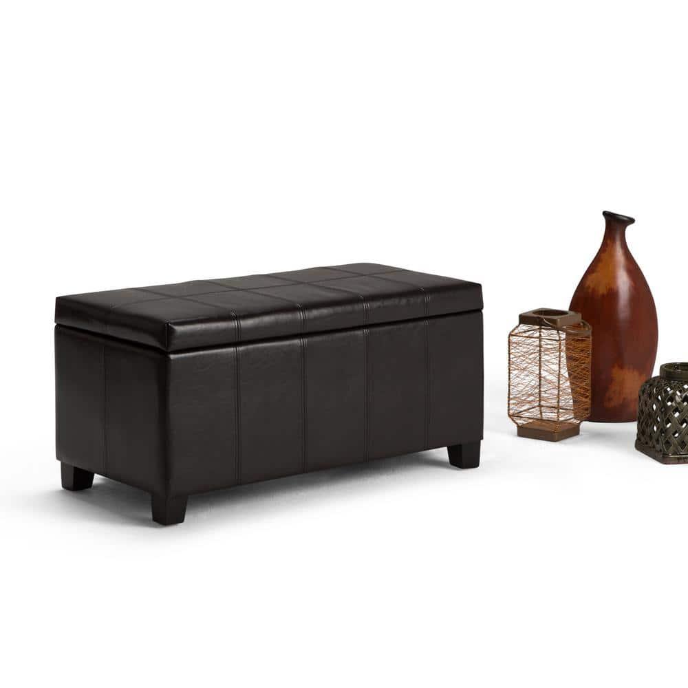 Simpli Home Dover Faux Leather Storage Bench in Tanners Brown