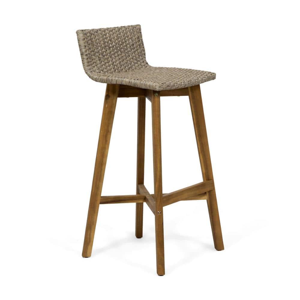 Pico Brea Outdoor Acacia Wood & Wicker Barstools, Set of 2, Light Brown and Teak