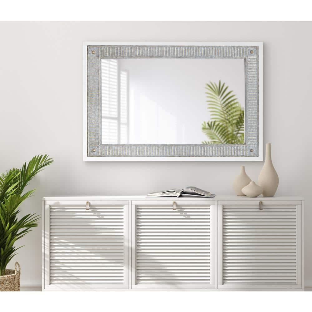 Kate and Laurel Deely Farmhouse Wall Mirror, 27 x 39, White and Silver, Rustic Wall Decor with Galvanized Metal Frame