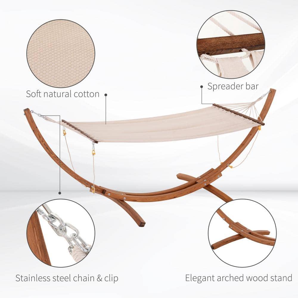 Outsunny Outdoor Hammock with Stand, Heavy Duty Wooden Frame, No Tree Needed, Indoor Outside Boho Style Nap Bed, Natural Cotton, White