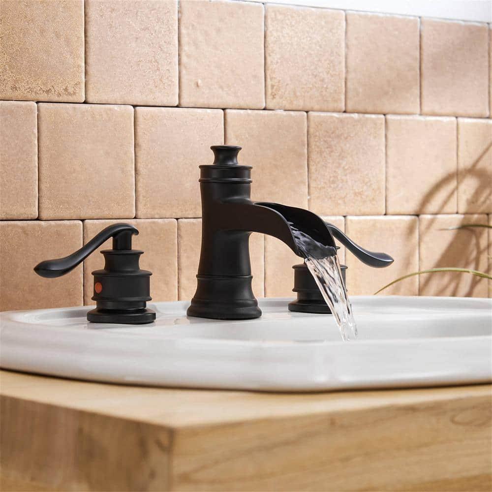 Black Bathroom Faucet Widespread Bathroom Faucets for Sink 3 Hole Matte Black 8 Inch Two Handle Matching Pop Up Drain Stopper Waterfall Farmhouse Lavatory Water Supply Line by Bathfinesse
