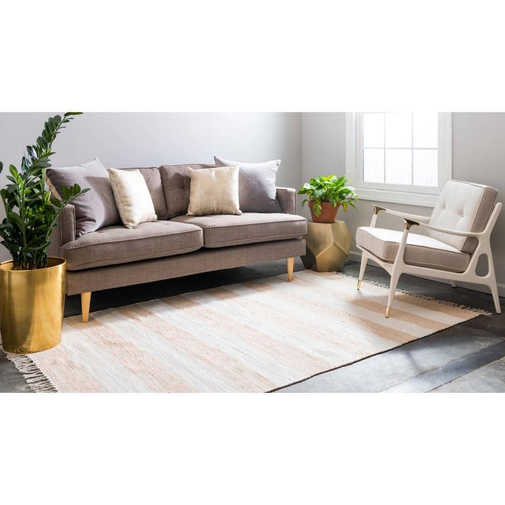 Unique Loom Chindi Rag Collection Area Rug - Striped (6' 1" x 9' Rectangle Beige/Ivory)