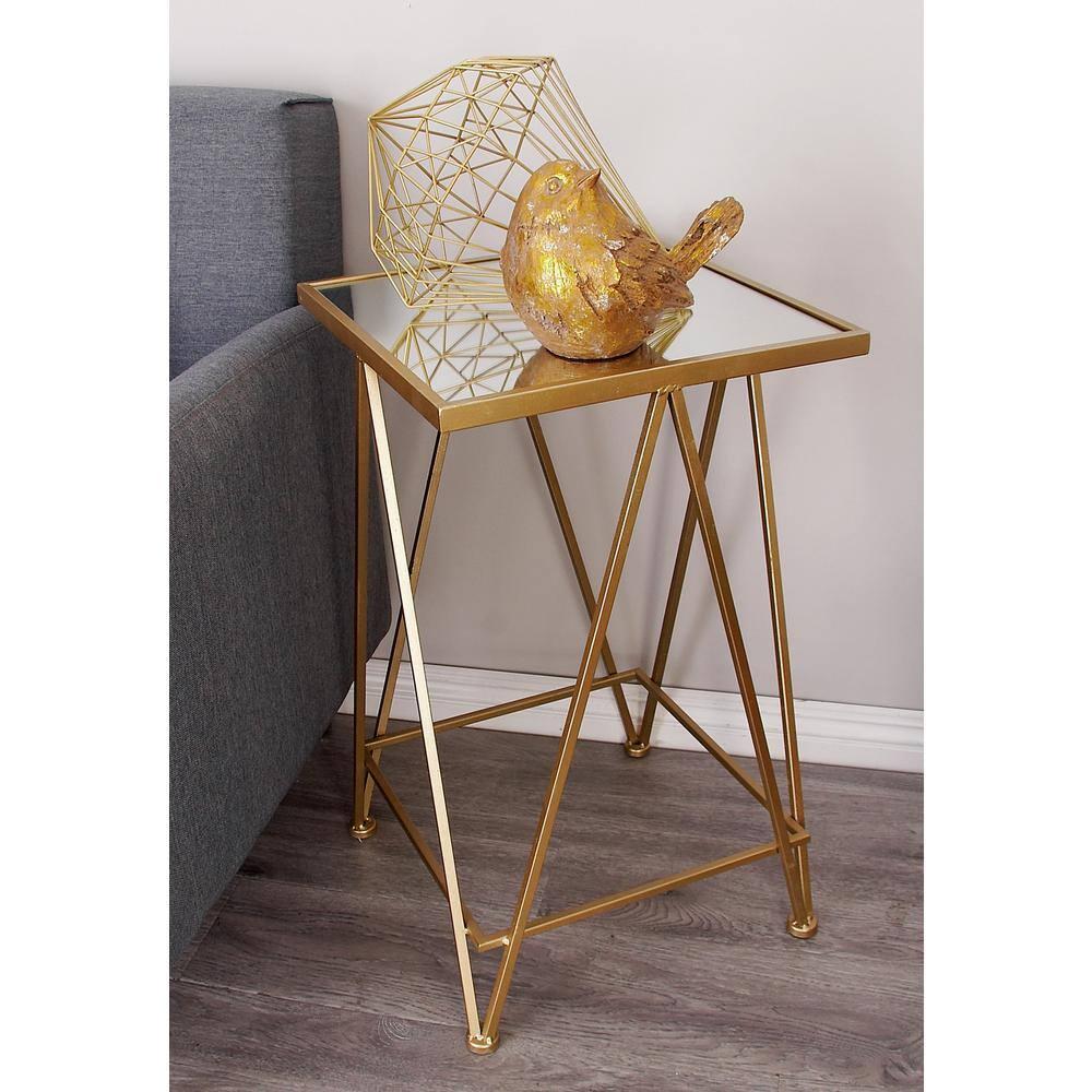 DecMode 15" x 26" Gold Metal Accent Table with Mirrored Glass Top, 2-Pieces