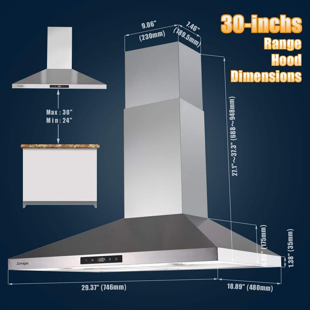 Wall Mount Range Hood 30 inch Stainless Steel Stove Hood Ducted Ductless Vent Hood Touch Control Hood