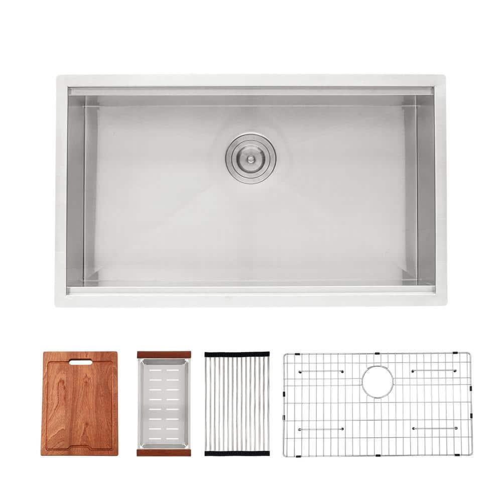 Sarlai S-LUS3319A1 33" L x 19" W Undermount Kitchen Sink Single Bowl 16 Guage Stainless Steel Workstation Sink with Accessories