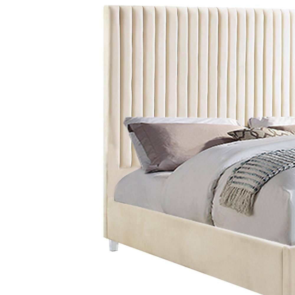 Acme Furniture 86" Queen Bed Edzia Bed Beige Velvet: Luxurious Upholstered Panel, Wood Frame, Acrylic Textile