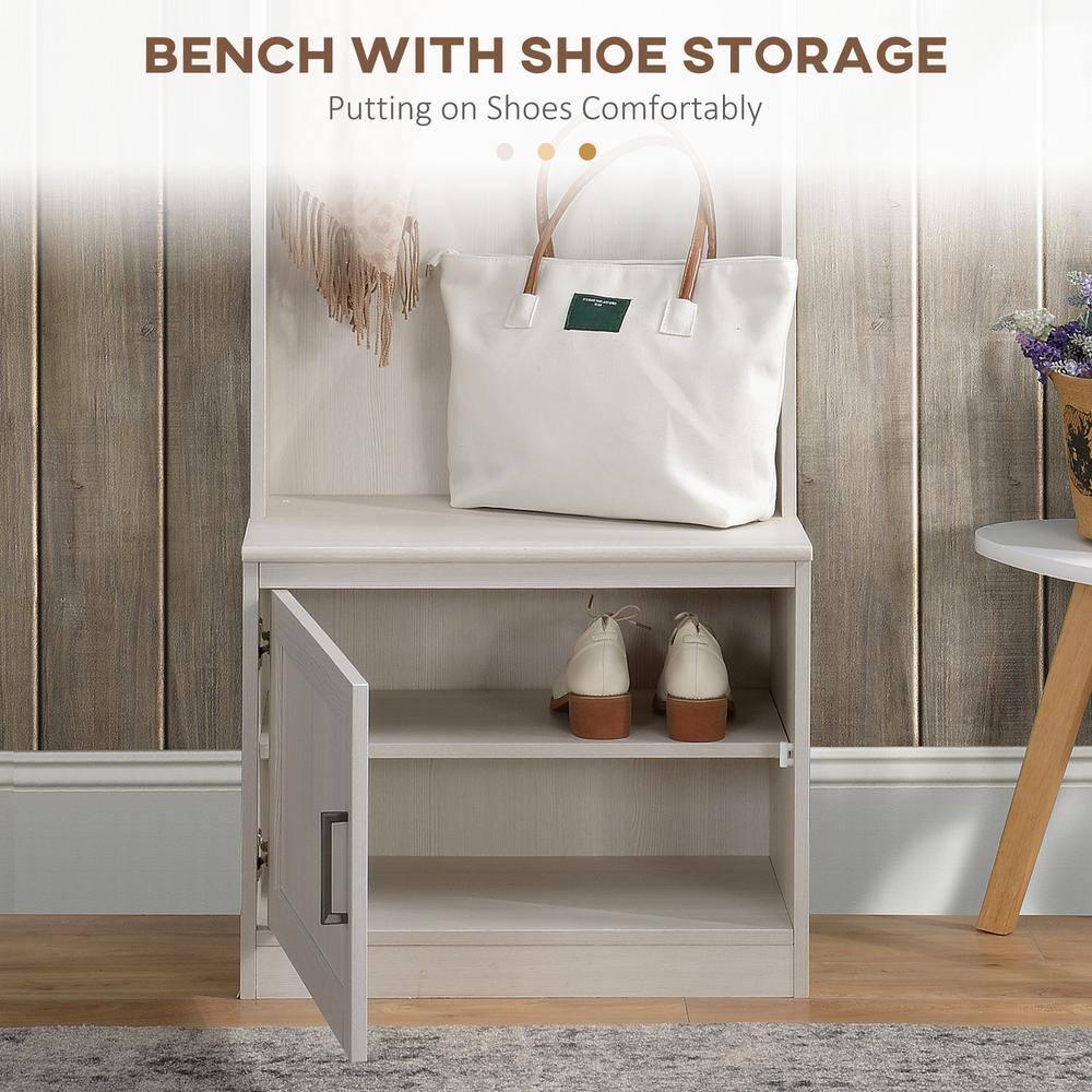 HOMCOM Rustic Hall Tree with Shoe Storage Bench, Entryway Bench with Coat Rack, Accent Coat Tree with Storage Shelves for Hallway, Mudroom, White