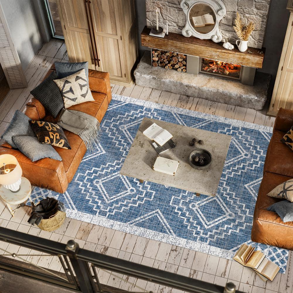 3'x5' Marokko Diamond  Medallion Indoor/Outdoor Area Rug, Blue/Ivory - JONATHAN Y