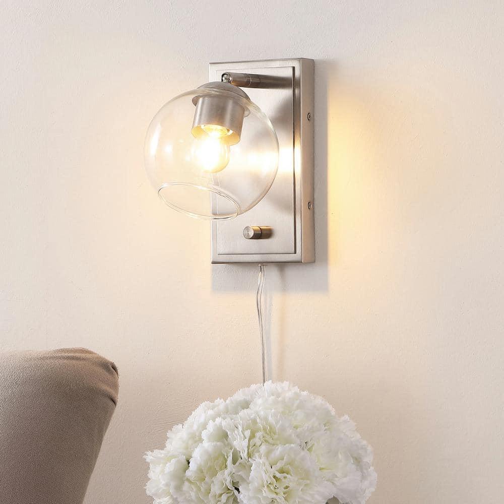 Hugo 6" 1-Light Minimalist Modern Plug-In or Hardwired Adjustable Iron LED Wall Sconce with Rotary Dimmer, Nickel with Clear Globe