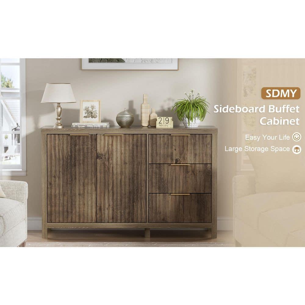 47" Brown MDF Wood Sideboard Buffet Cabinet with Grooved Doors and Drawers