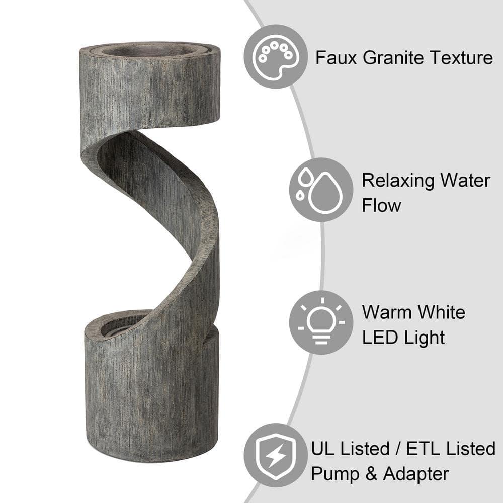 Rustic Curved 40" Outdoor Fountain with LED Light in Stone
