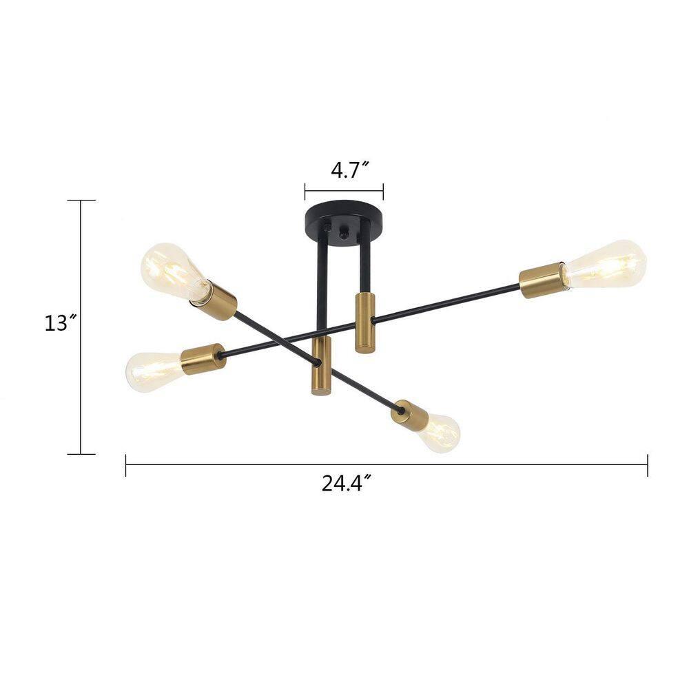 Sputnik Chandelier - 4-Light Semi Flush Mount Ceiling Light Fixture,Mid Century Modern Hanging Light Fixtures,Black and Gold Chandeliers for Dining Room Bedroom Living Room Kitchen Foyer