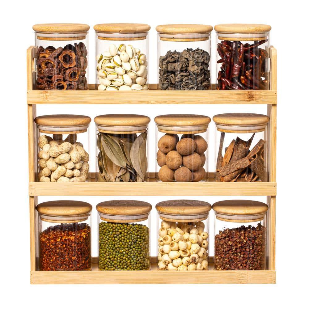Basicwise 3-Tier Bamboo Spice Rack & Pantry Organizer with 12 Glass Jars.Perfect for Storage in Kitchens to Keep Seasoning Containers Neatly Displayed