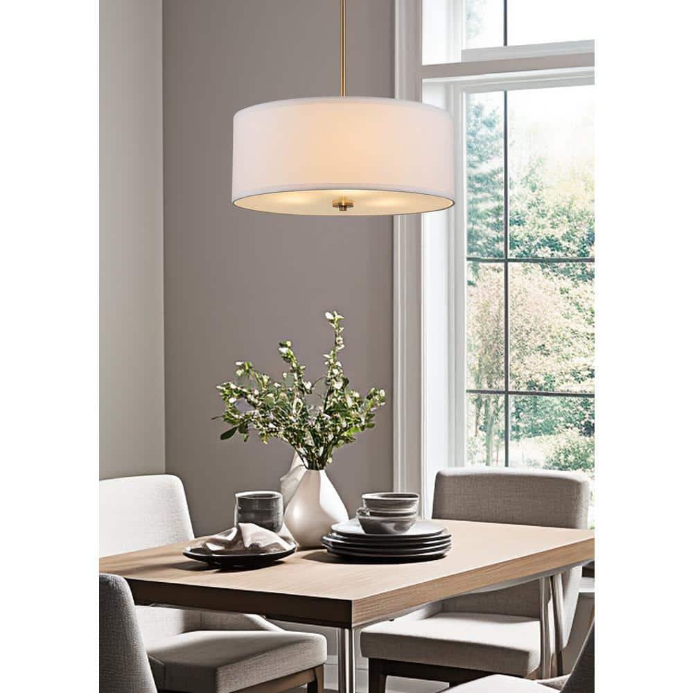 Kira Home Nolan 18" Drum Pendant Chandelier, White Fabric Shade, Round Glass Diffuser, Adjustable Height, Cool Brass