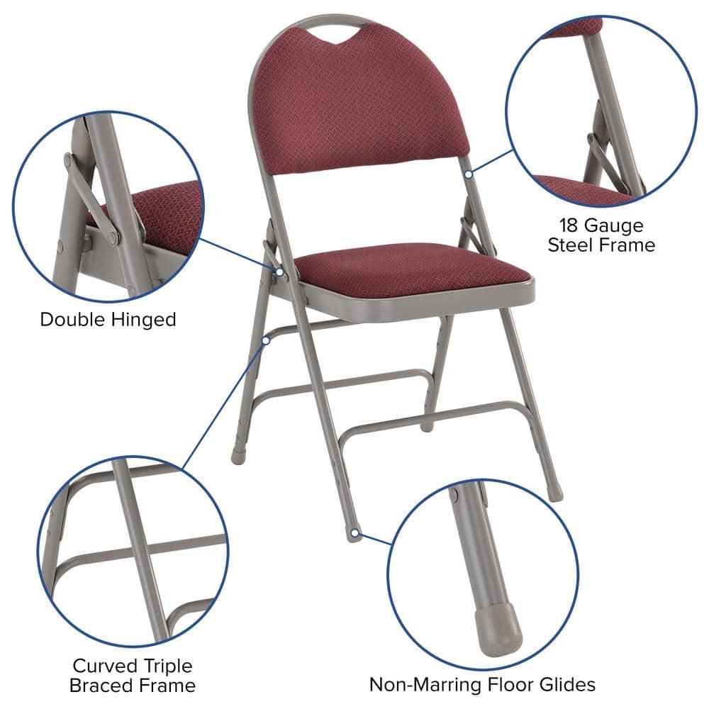 Flash Furniture HERCULES Series Ultra-Premium Triple Braced Burgundy Fabric Metal Folding Chair with Easy-Carry Handle