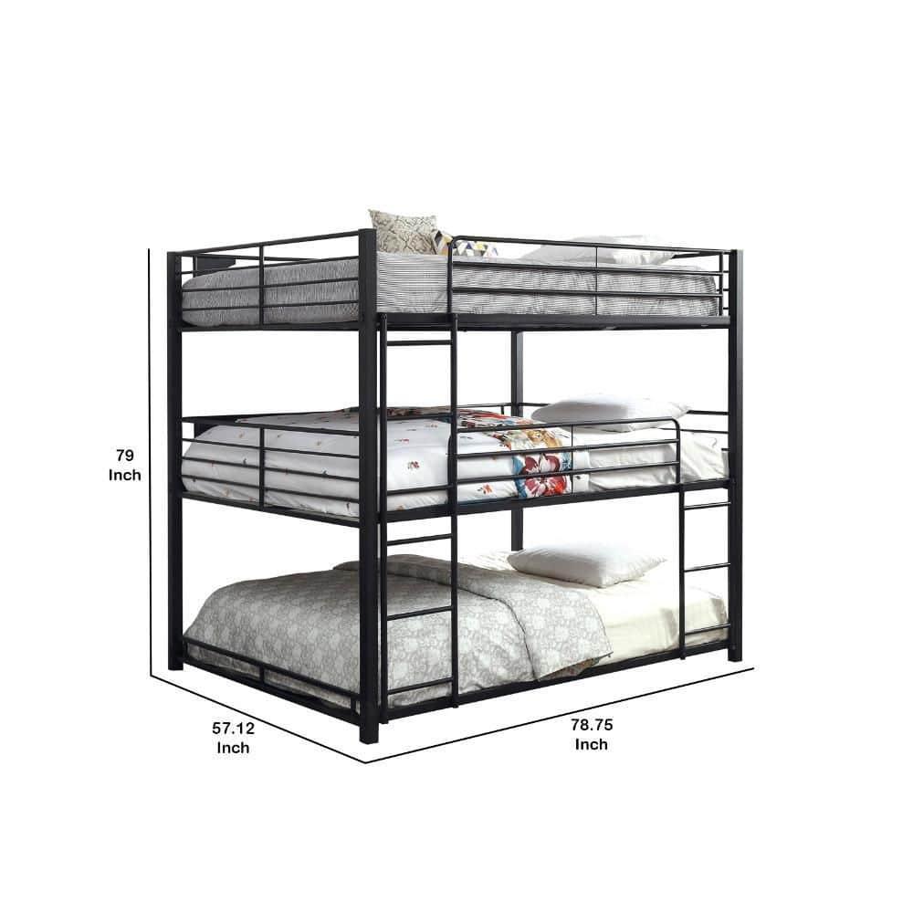 Benjara Industrial Style Queen Triple Decker Bunk Bed with Ladder, Black