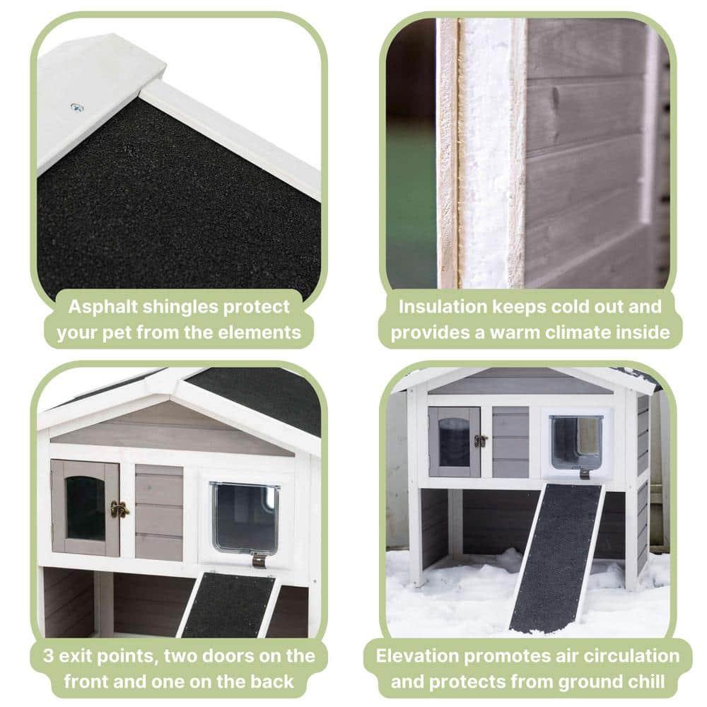 Gray and White 2-Story Insulated Outdoor Cat House with Ramp