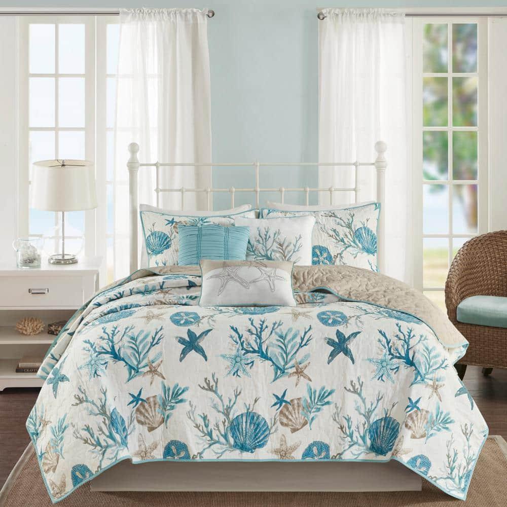 Madison Park Pebble Beach Cotton Sateen 210 TC Reversible 6 Piece Quilt Set with Throw Pillows