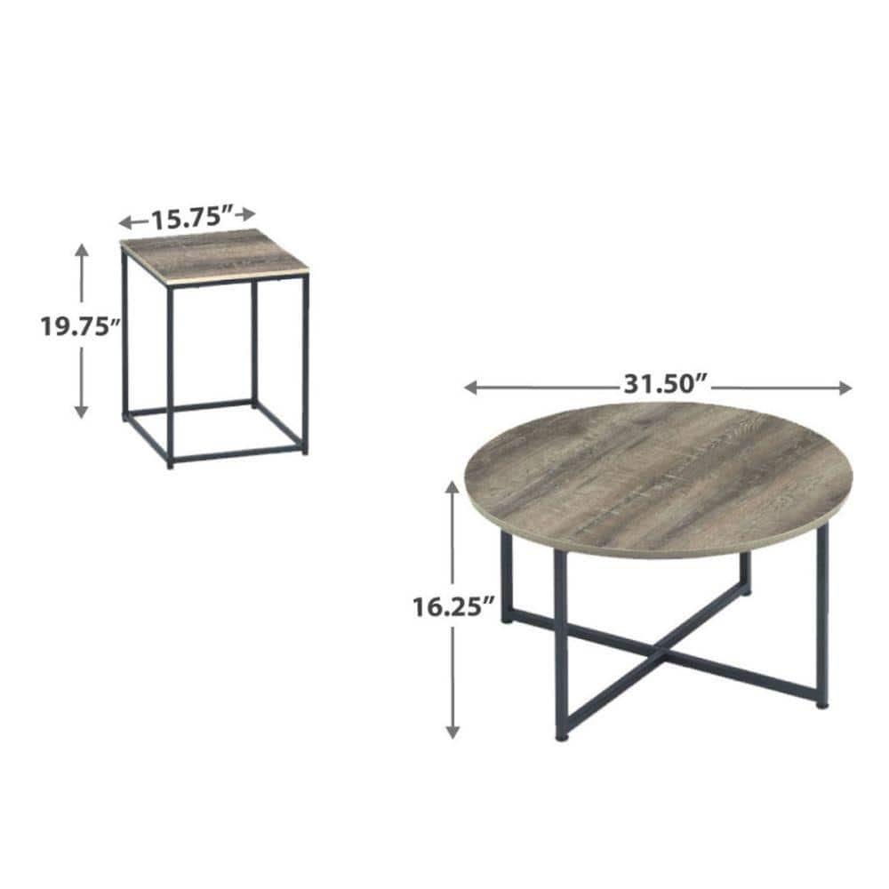 Wooden Table Set with Sturdy Metal Base, Set of Three, Gray and Brown