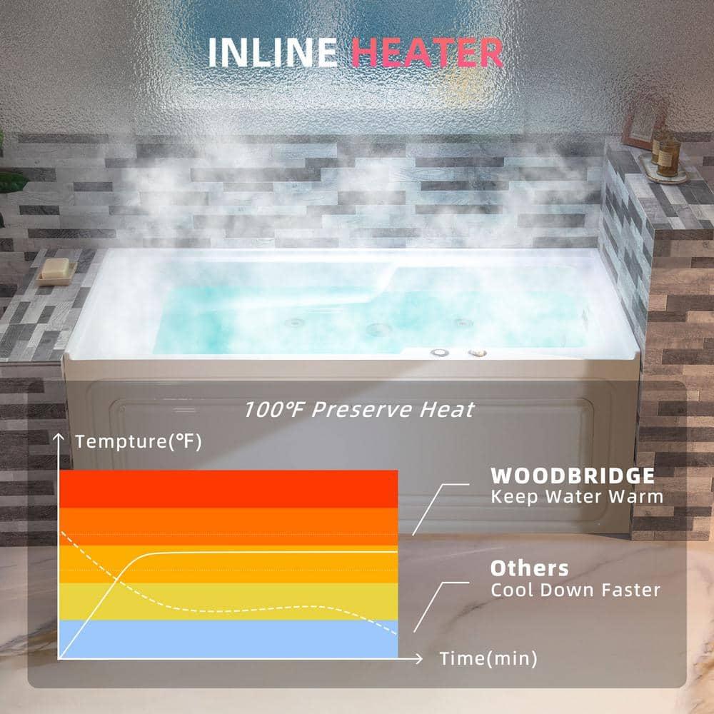 60" x 30" Whirlpool Heated Rectangular Alcove Acrylic Bathtub with Chrome/Matte Black Drain and Overflow