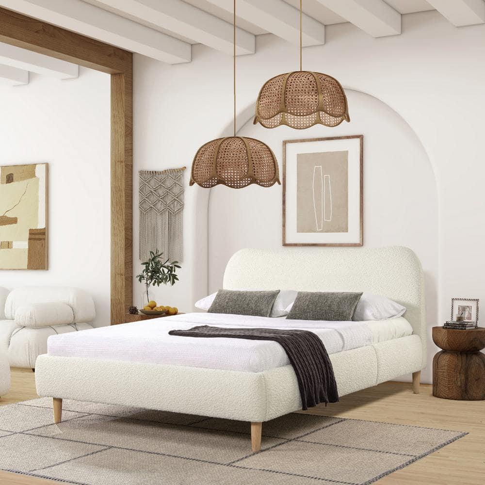 Jennifer Taylor Home Roman Curved Headboard Upholstered Platform Bed, Queen, Ivory White Boucle