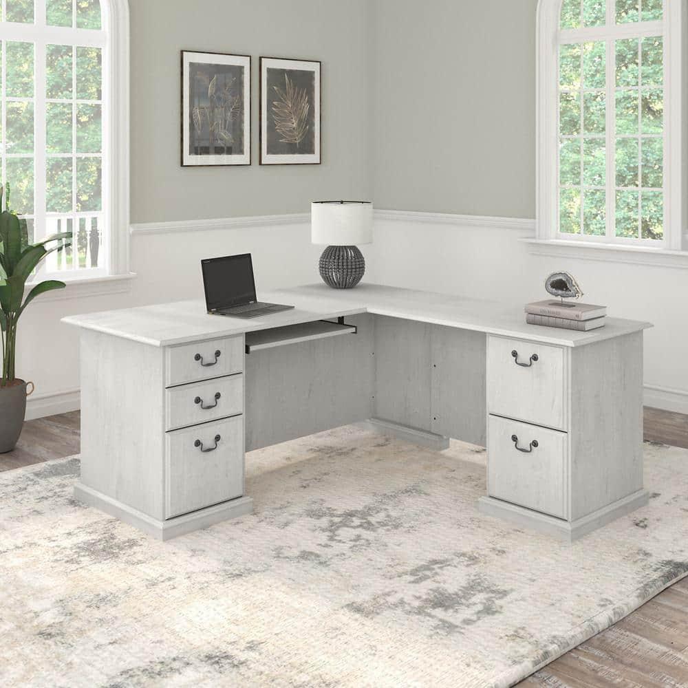 Bush Furniture Saratoga L Shaped Computer Desk with Drawers in Linen White