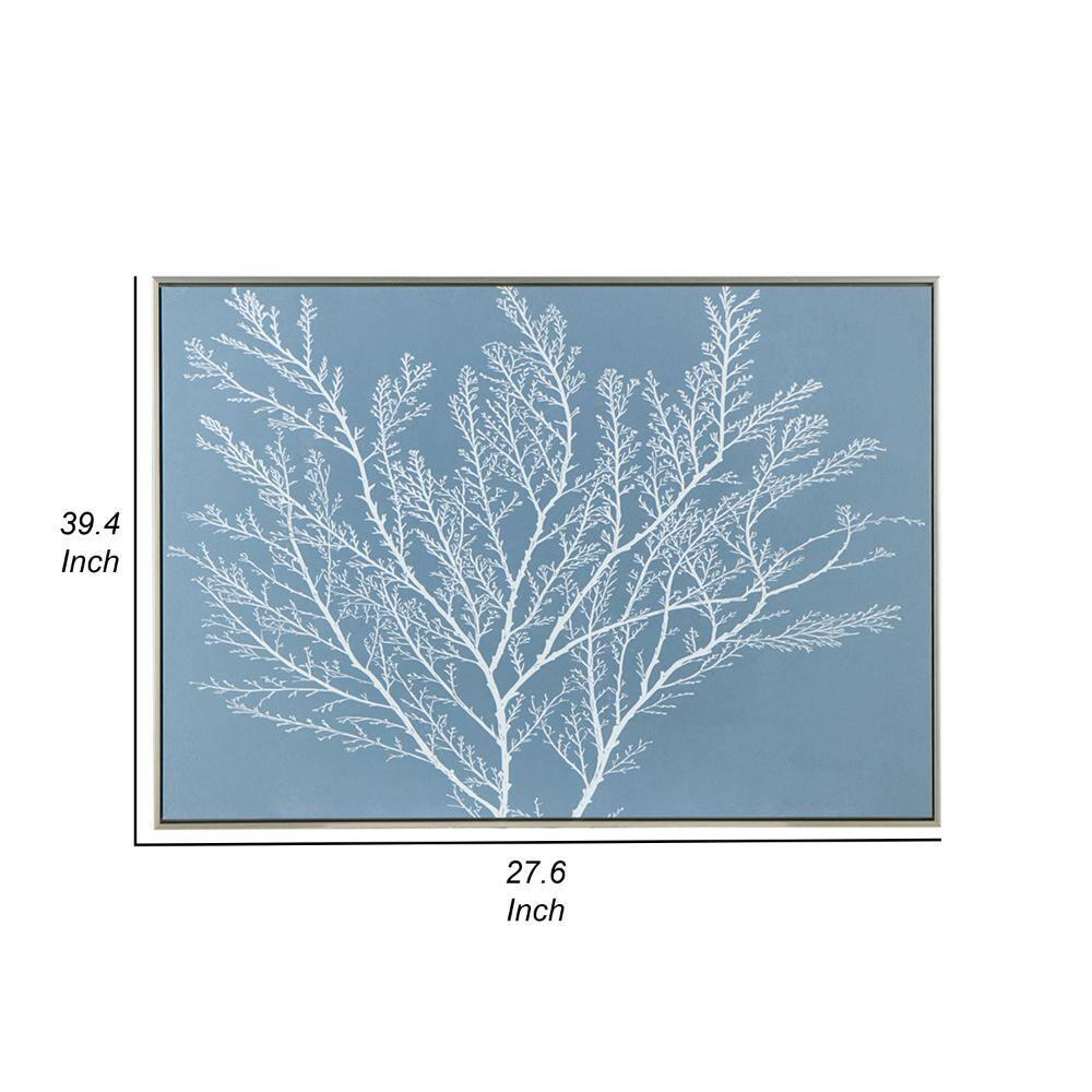 Benjara 28 x 39 Hanging Wall Art Decor, Rectangular White Tree Design, Blue Canvas