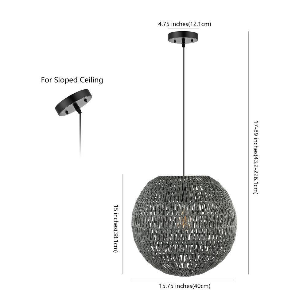 Luna 15.75" 1-Light Bohemian Modern Woven Rattan/Iron LED Pendant, Grey/Black